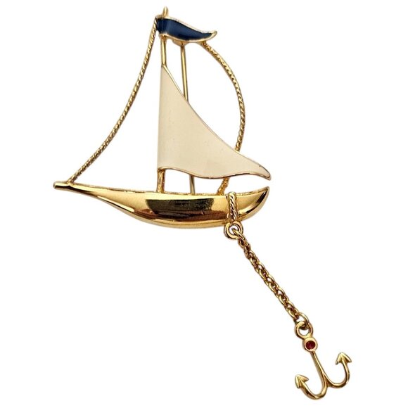 Fernando Originals Gold Tone Enamel Sail Boat Brooch Anchor Chain Dangle, L963 - Picture 8 of 8